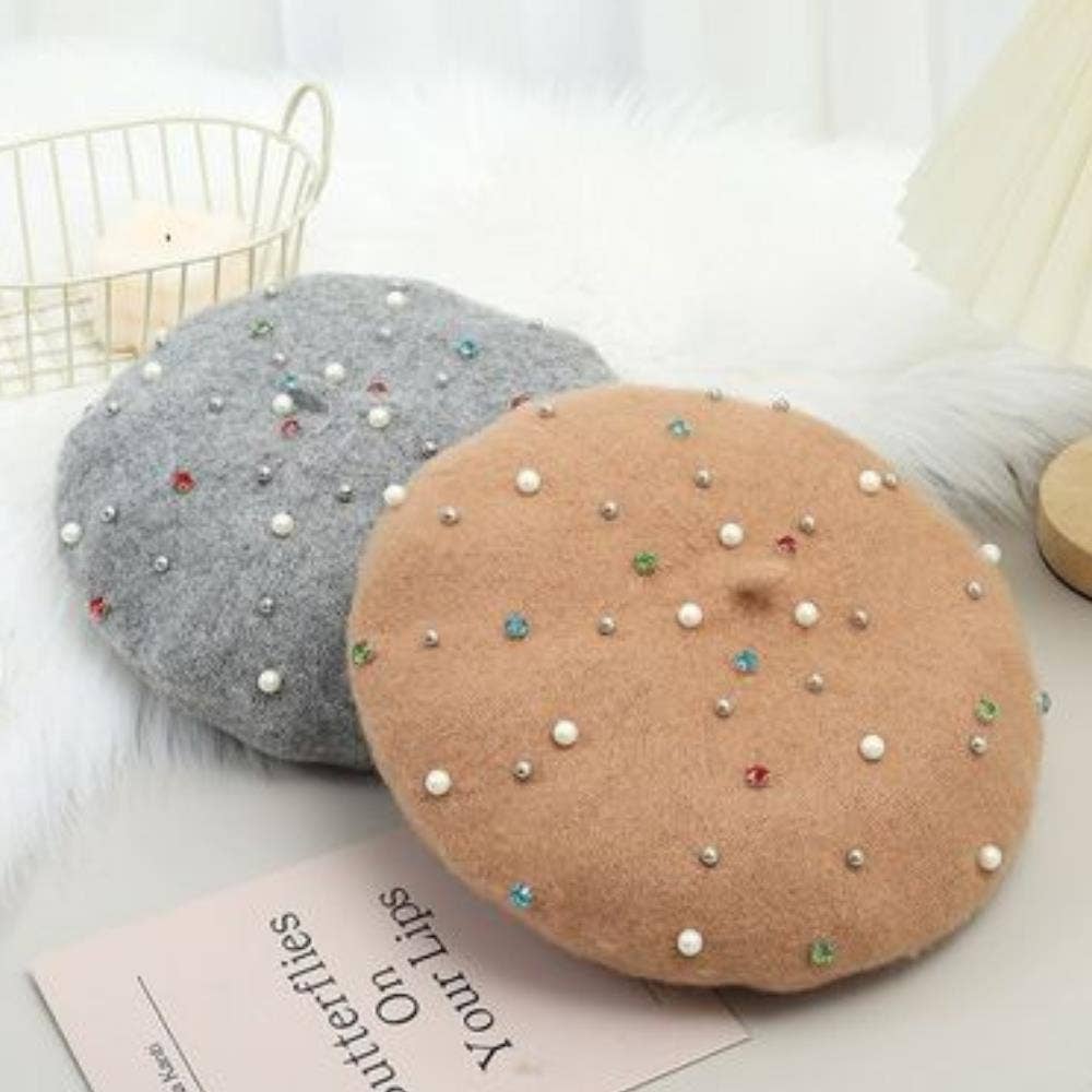 Pearl & Rhinestone Felt Beret Hat
